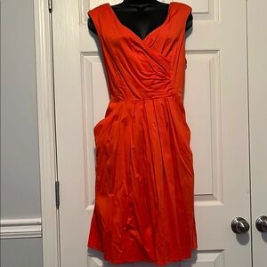 New Directions Orange Ruched Wrap Midi Dress
